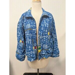 Vintage Lizsport 90s Y2k Blue Nautical Coastal Print Bomber Jacket sz M Retro